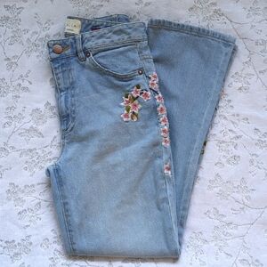 Light Blue Floral Embroidered Wide Leg Jeans